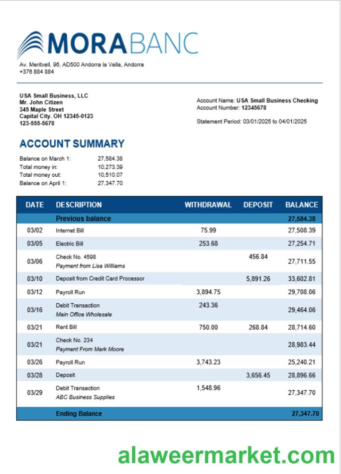 Morabank firm account statement Word and PDF format